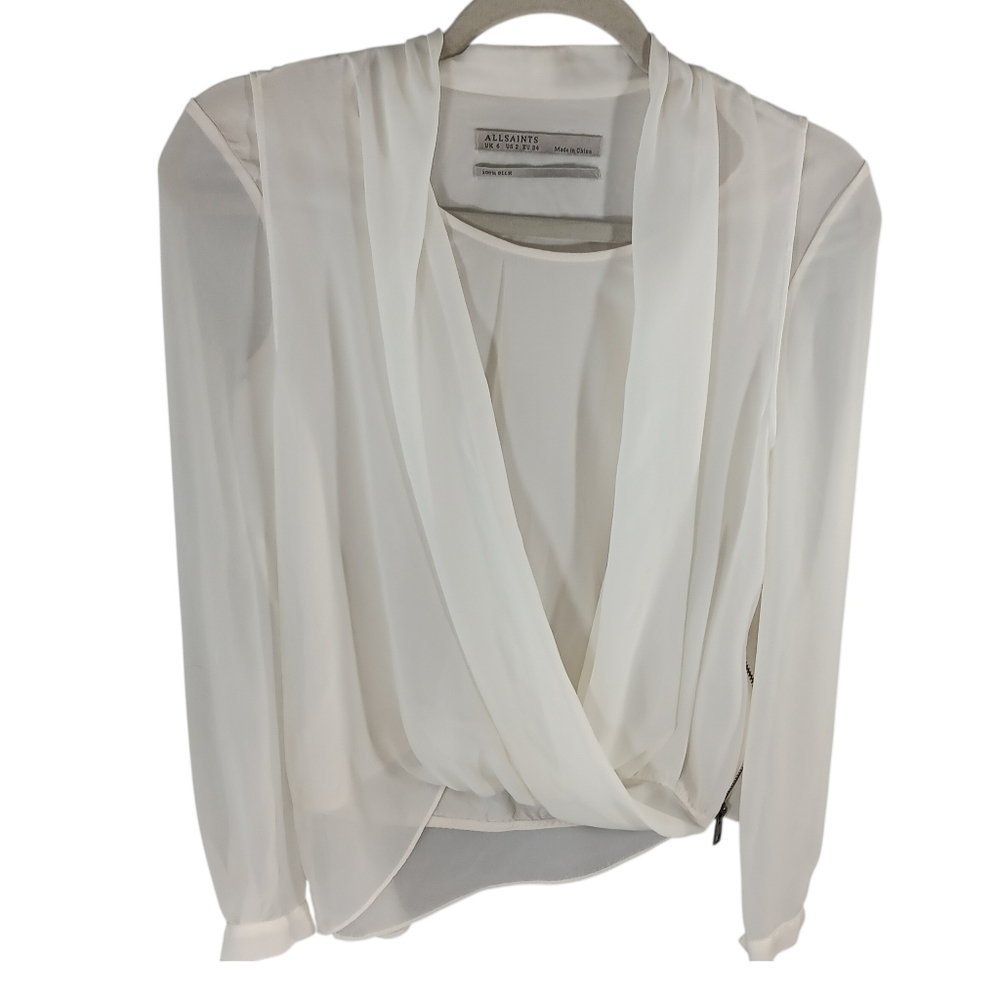 ALL SAINTS ABI Silk Layered Cross Wrap Semi Sheer Blouse Top Size 2 Ethereal
